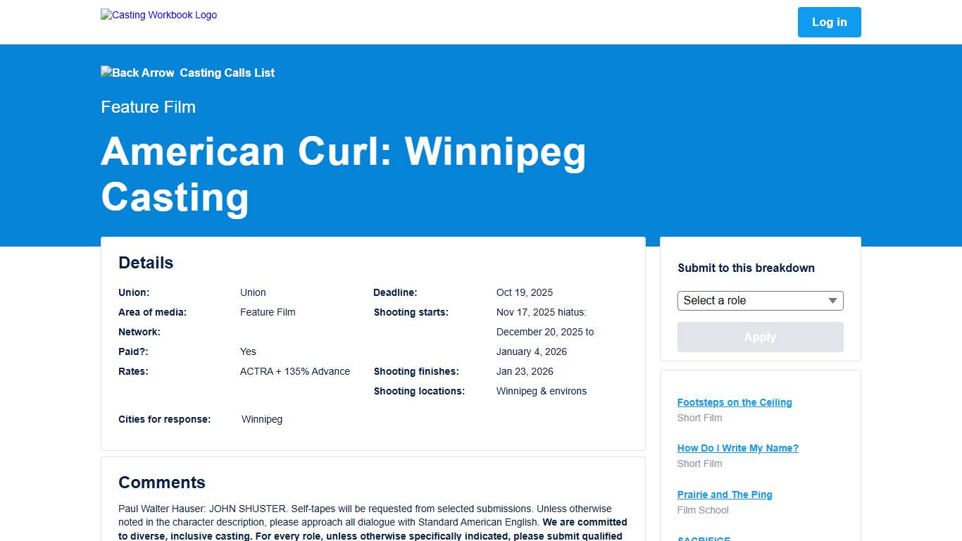 Casting Call: American Curl: Winnipeg Casting