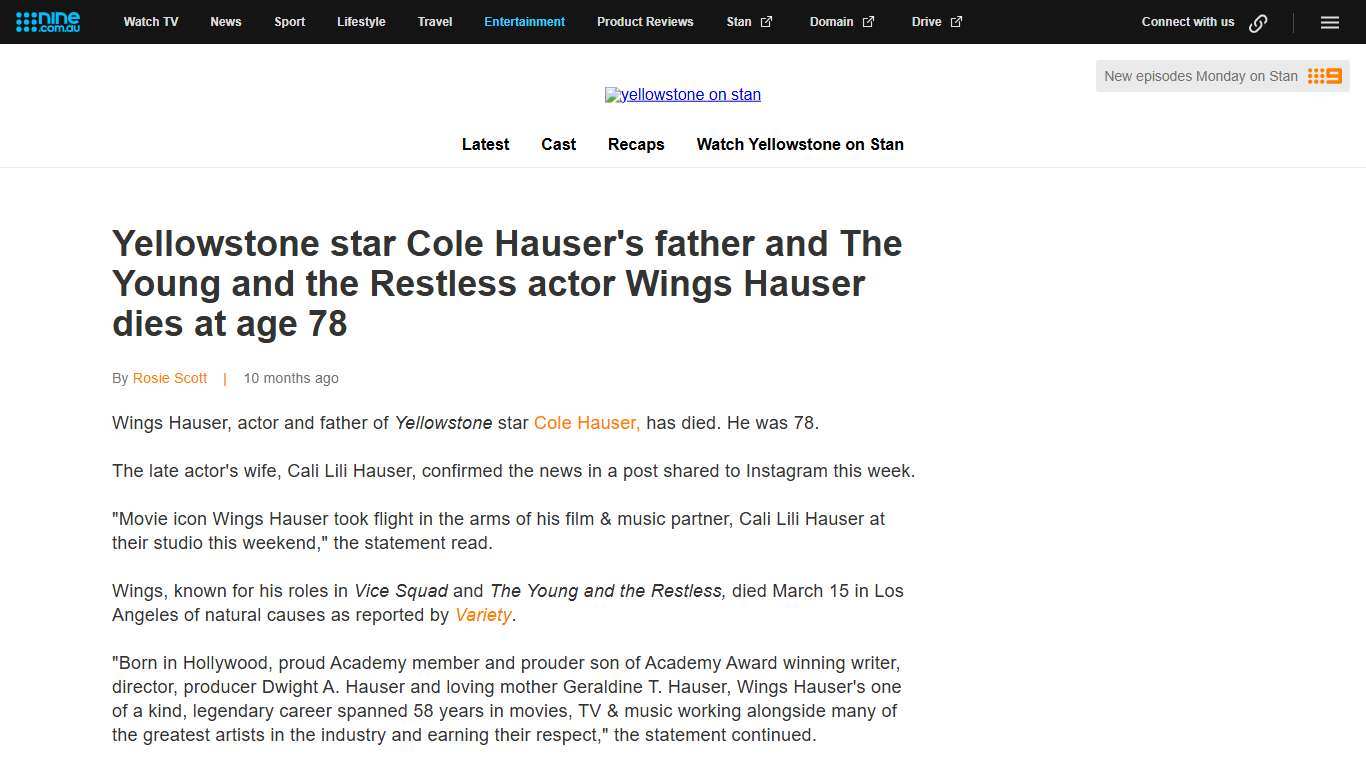 Wings Hauser dead at age 78: Yellowstone star Cole Hauser's father and The Young and the Restless actor dies, family confirms